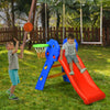 Kids playing with a colorful 2-step plastic slide and basketball hoop in a backyard, promoting active play and safety.
