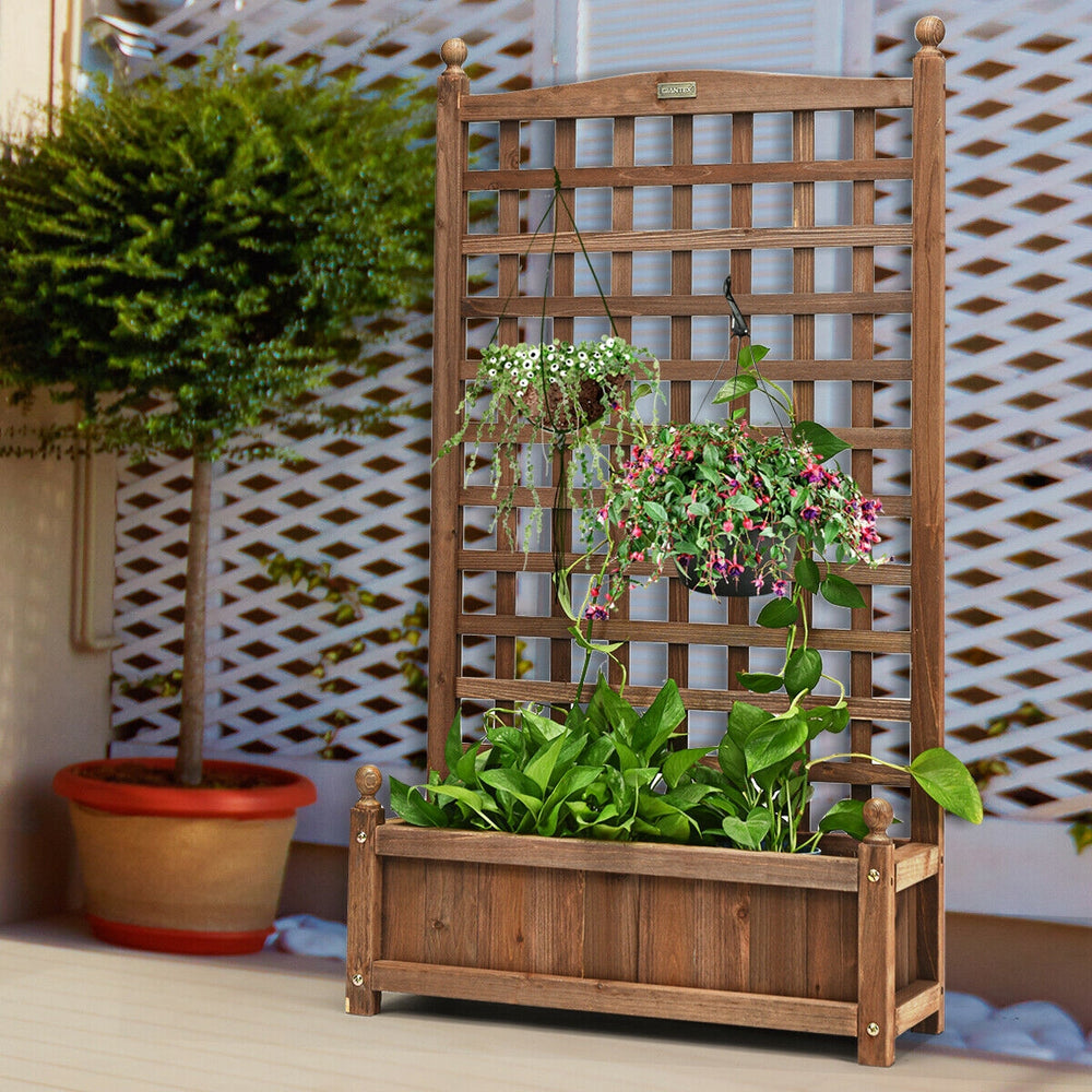 Solid wood planter box with trellis, featuring a large flower box for climbing plants, ideal for gardens and patios.