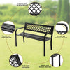 Black steel frame bench with PVC backrest mesh, sturdy design for outdoor seating, ideal for patios and gardens.