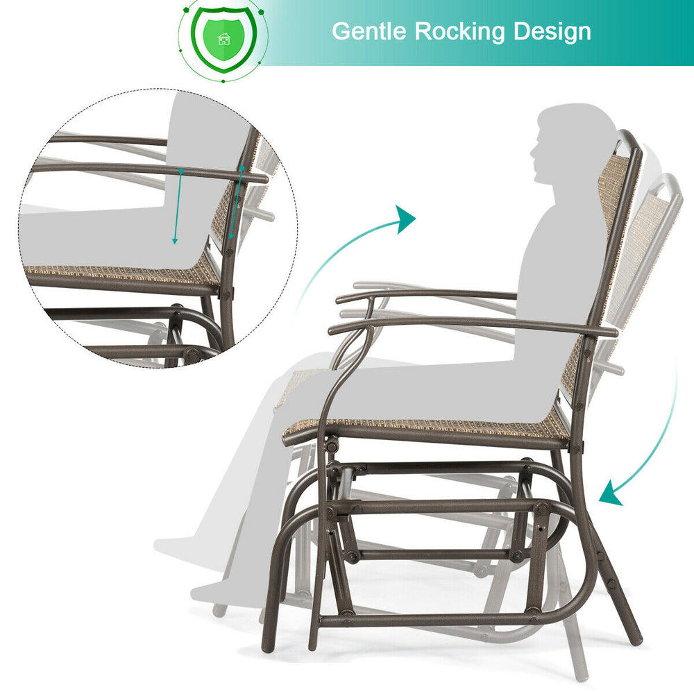 Single glider rocking chair with a sturdy iron frame and breathable fabric, perfect for outdoor relaxation on the patio.