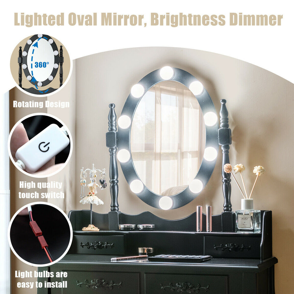 Lighted oval mirror with dimmer and rotating design on a black makeup dressing table with cushioned stool for elegant.
