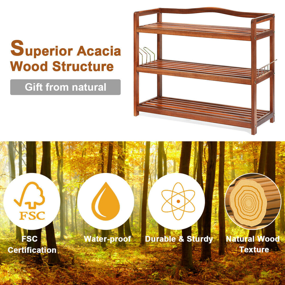 3-tier acacia wood shoe rack with side metal hooks, featuring durable structure and removable shelves for versatile.