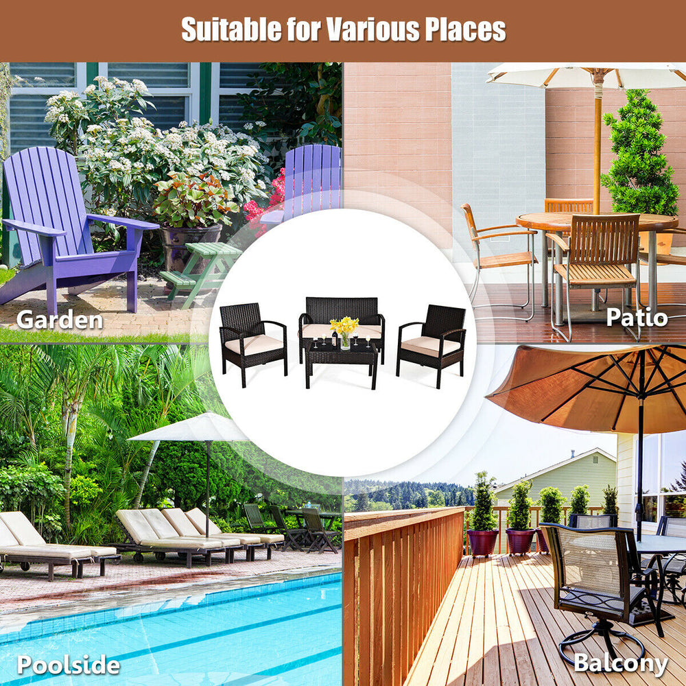 4-piece patio rattan conversation set featuring a loveseat, 2 sofas, and a coffee table, ideal for outdoor relaxation.