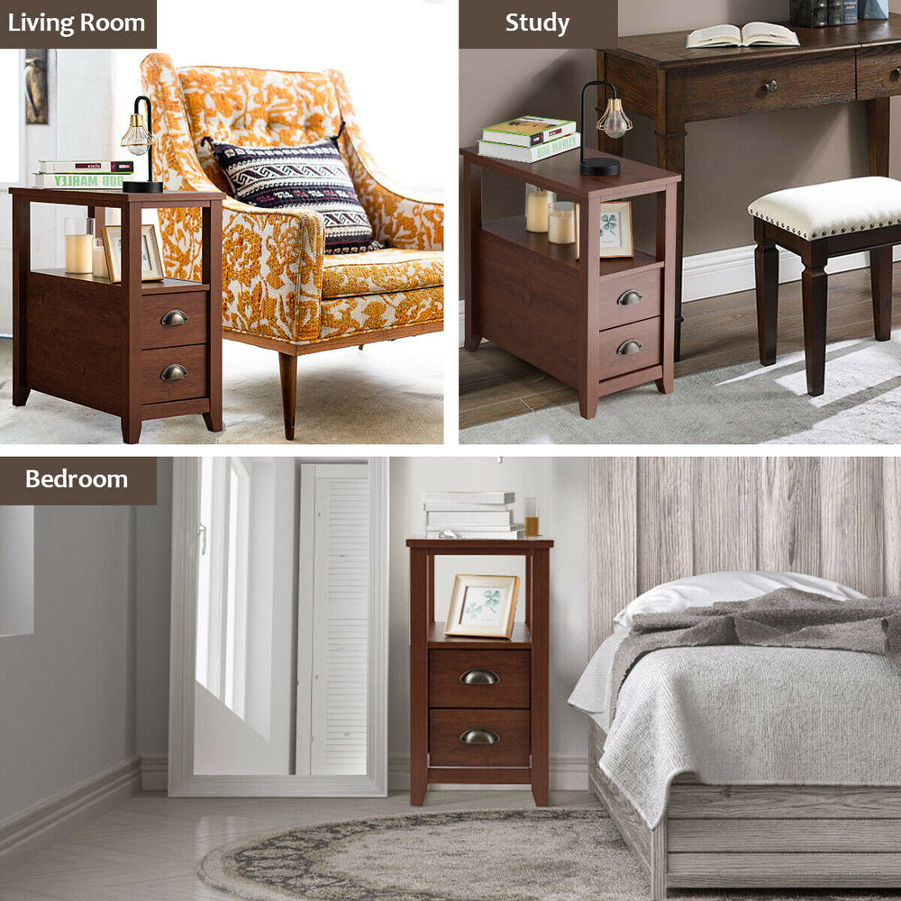 Compact brown end table with 2 drawers and shelf, perfect for bedroom or living room storage and decor.