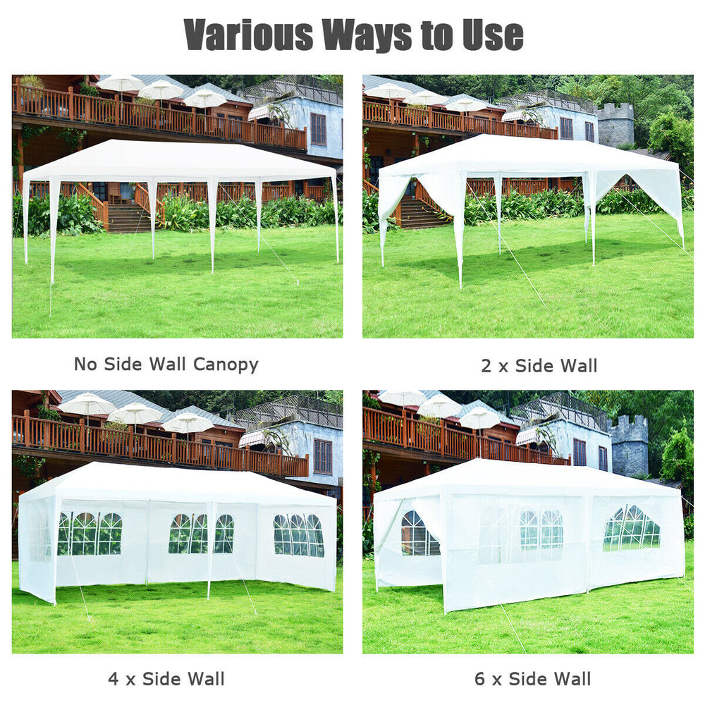 10 x 20 feet white canopy tent with 6 sidewalls, ideal for outdoor events like parties and weddings.