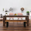 Solid acacia wood dining bench with metal legs, showcasing a polished surface, perfect for contemporary home decor.