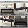 Upholstered brown dining room bench with button tufting, solid wood legs, ideal for dining and changing shoes.
