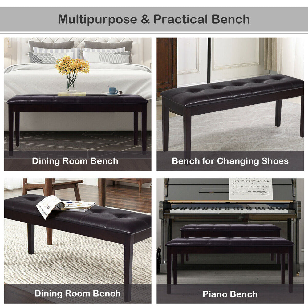 Upholstered brown dining room bench with button tufting, solid wood legs, ideal for dining and changing shoes.