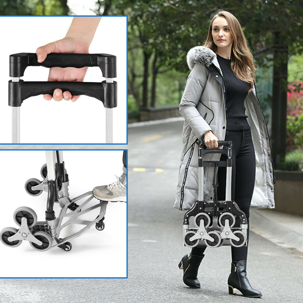 Portable folding stair climbing hand truck with adjustable handle and high-quality climbing wheels for easy transport.
