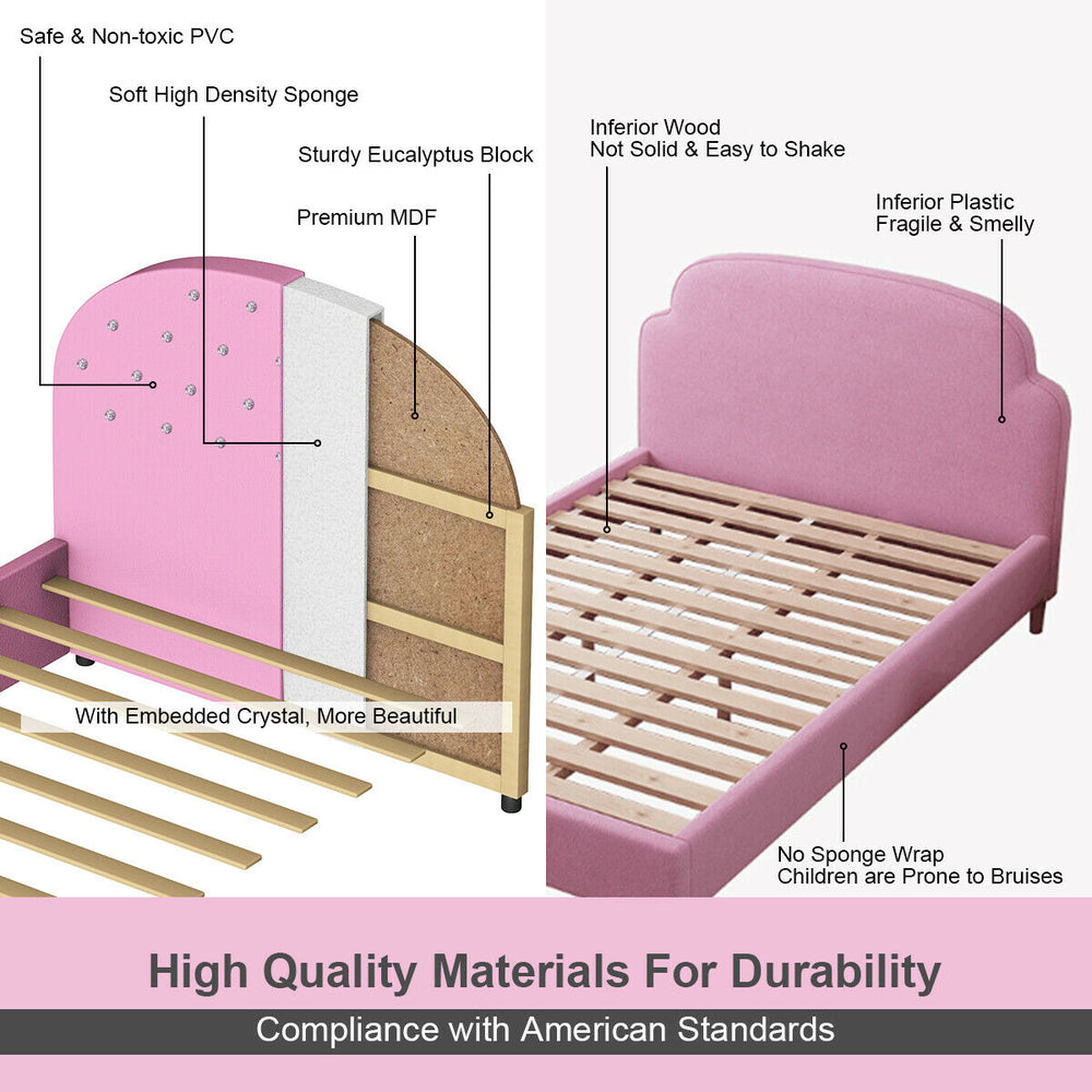 Twin size upholstered toddler bed with wood slat support, featuring non-toxic materials and soft foam padding for.