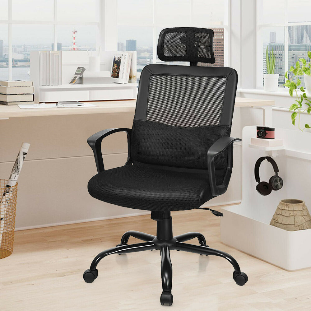 High back mesh office chair with ergonomic design, adjustable height, and breathable mesh for comfort in modern office.