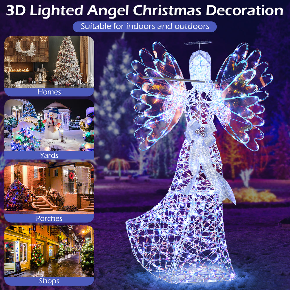 5.2 FT lighted angel Christmas decoration with 250 cool white lights, suitable for indoor and outdoor use.