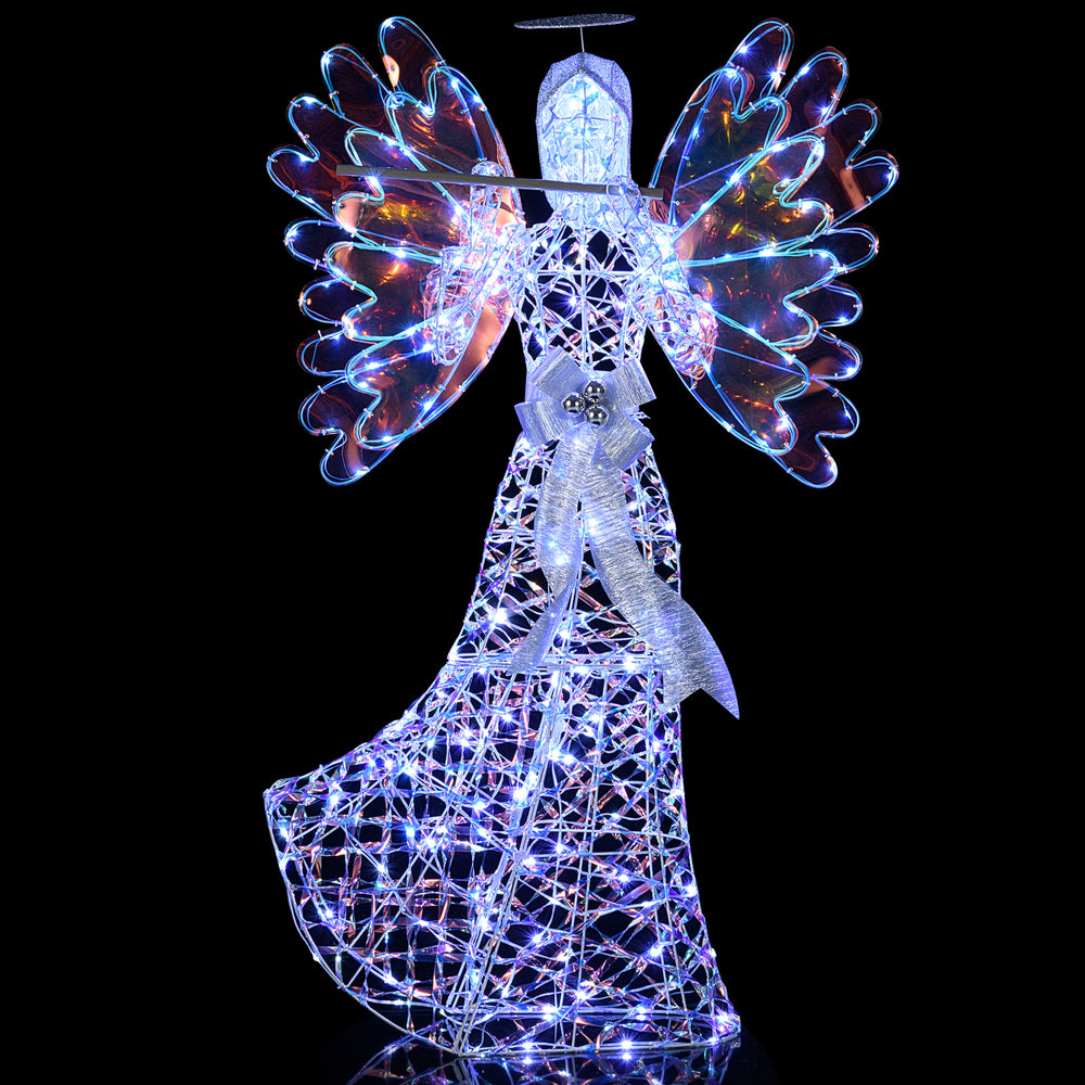 Lighted 5.2 FT angel decoration with 250 cool white lights, glittering wings, and a flute, perfect for indoor or.