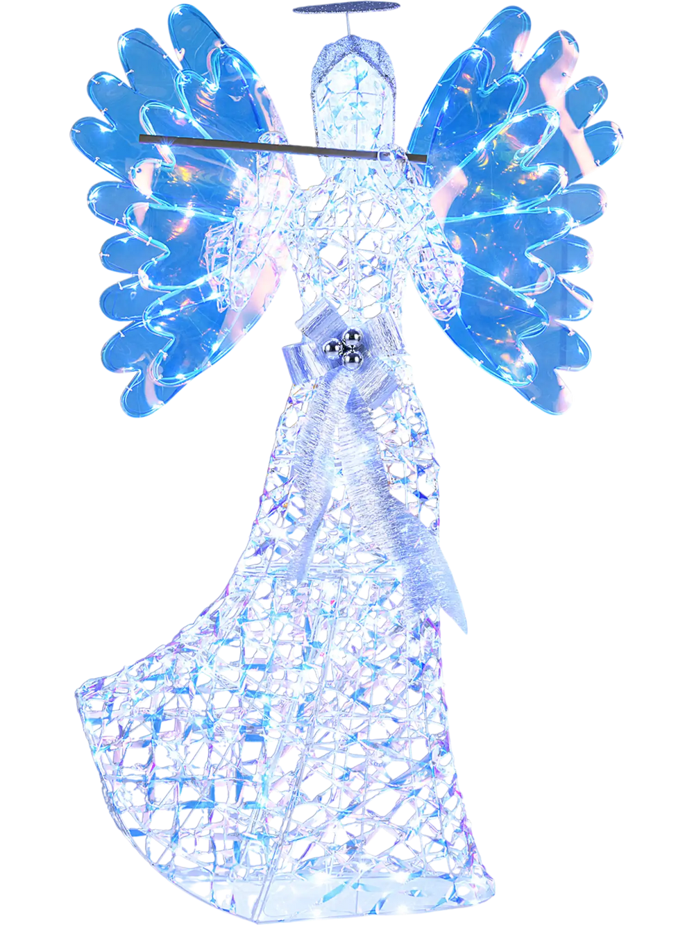 Lighted 5.2 FT angel Christmas decoration with 250 cool white lights, glittering wings, and flute, perfect for outdoor.