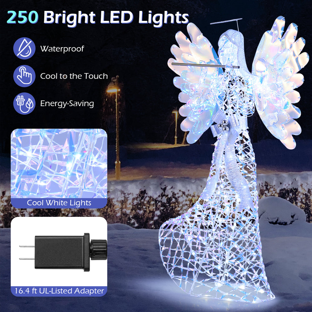 5.2 FT lighted angel decoration with 250 cool white LED lights, waterproof design, ideal for indoor and outdoor use.