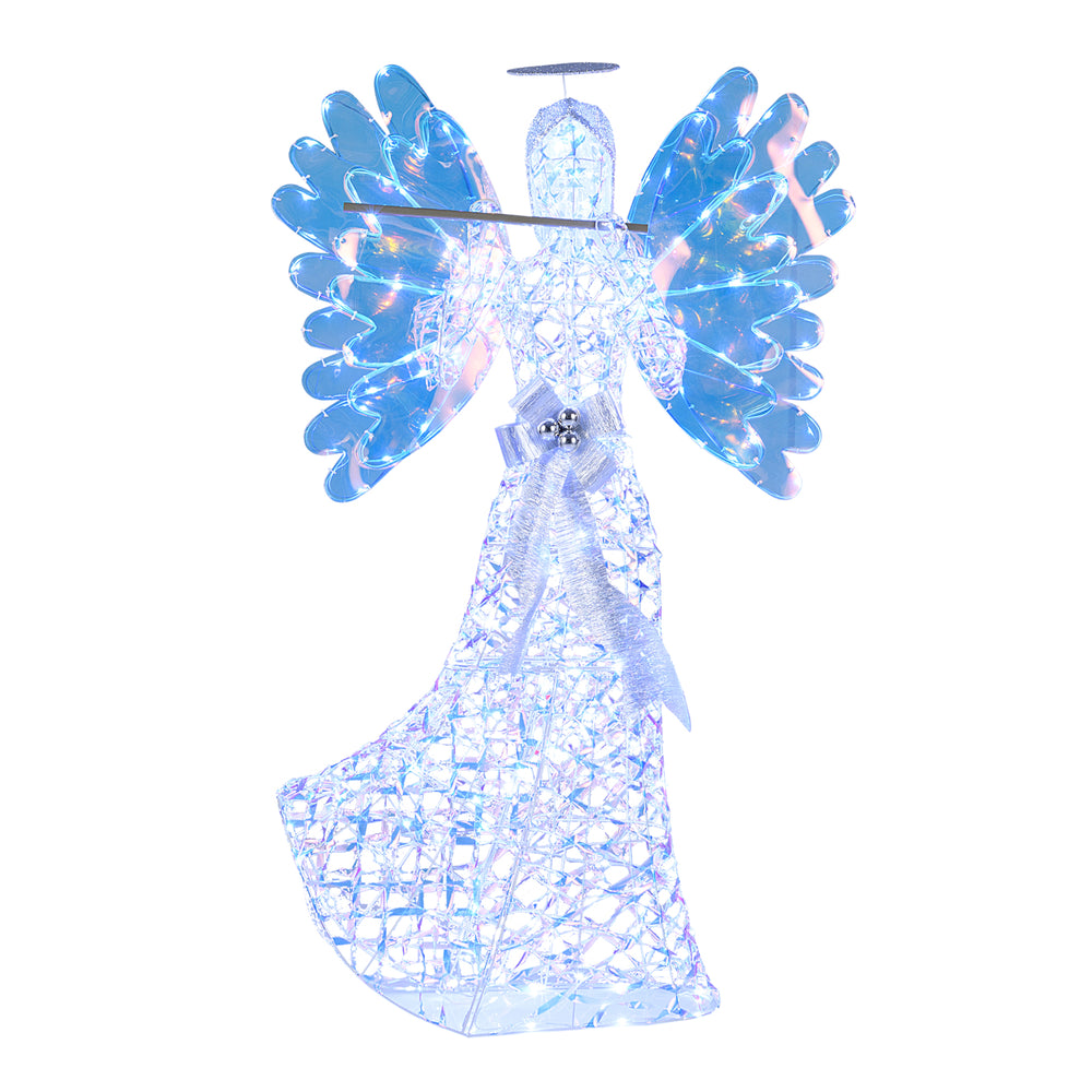 Lighted 5.2 FT angel Christmas decoration with glittering wings, playing flute, featuring 250 waterproof cool white.