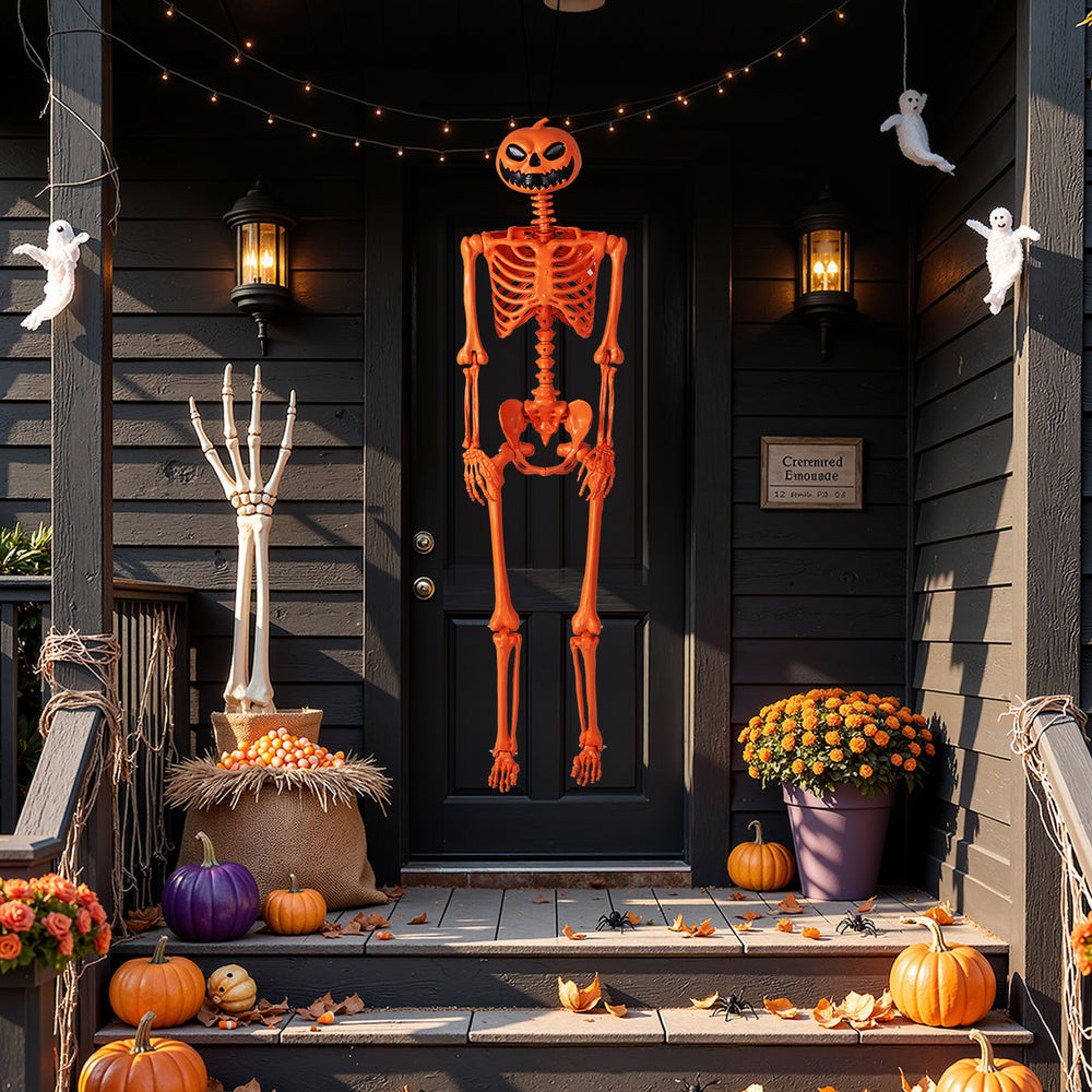 Life-size 5.2 FT orange Halloween skeleton with pumpkin head, poseable joints, perfect for outdoor decorations.