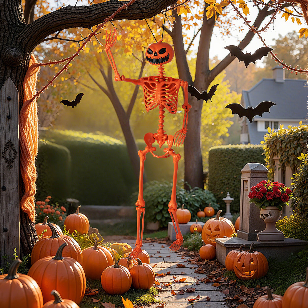 Life-size 5.2 FT orange Halloween skeleton with pumpkin head, showcasing movable joints in a festive outdoor scene.