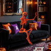 Life-size 5.2 FT orange poseable Halloween skeleton with pumpkin head, perfect for indoor or outdoor decorations.