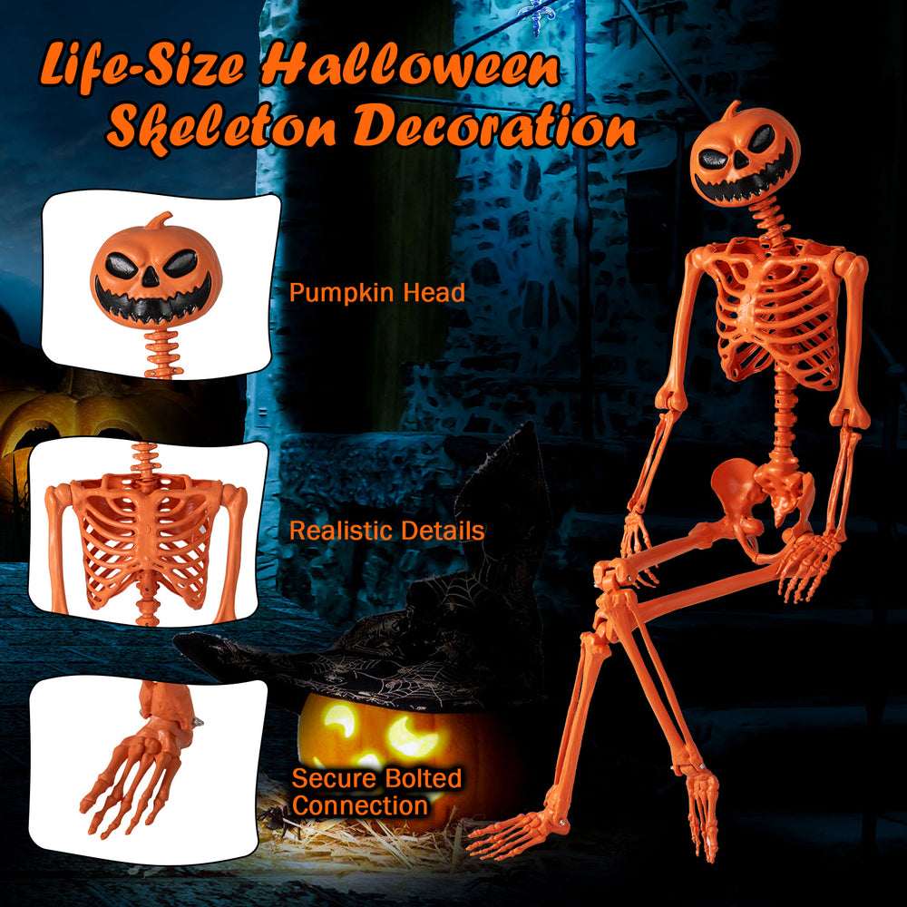 Life-size 5.2 FT orange Halloween skeleton with pumpkin head, movable joints, perfect for indoor or outdoor decoration.
