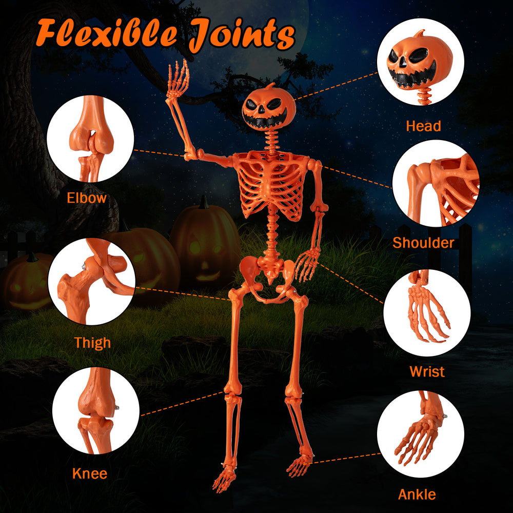 5.2 FT orange life-size poseable Halloween skeleton with pumpkin head and flexible joints for indoor or outdoor.