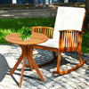 Round solid wood coffee side bistro table with X-shaped legs, varnished for water resistance, perfect for outdoor use.