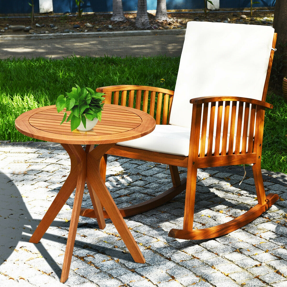 Round solid wood coffee side bistro table with X-shaped legs, varnished for water resistance, perfect for outdoor use.