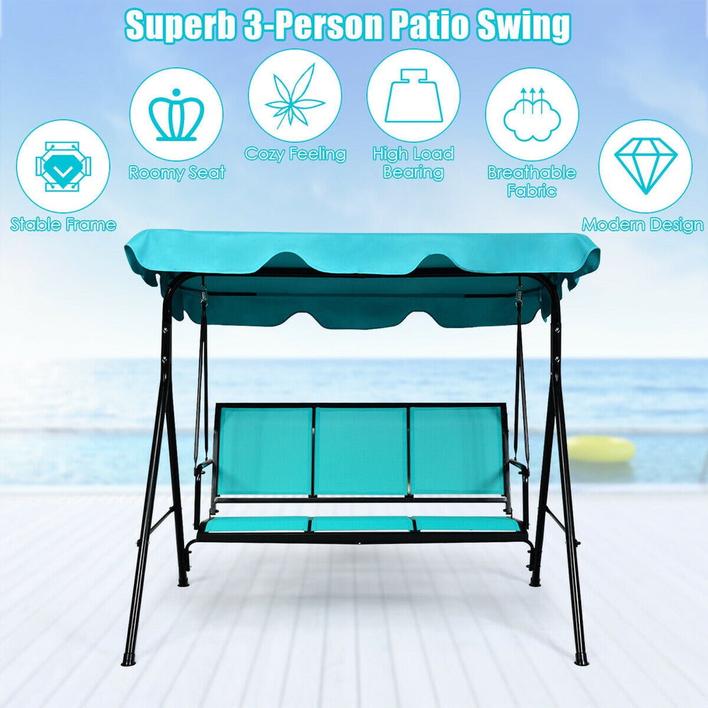 Three-person patio swing bench chair with blue canopy, durable steel frame, perfect for outdoor relaxation.