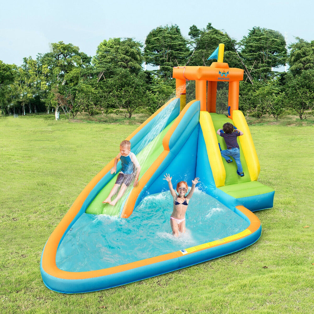 Inflatable water slide bounce house with climbing wall and splash pool, perfect for summer fun for kids aged 3-10.