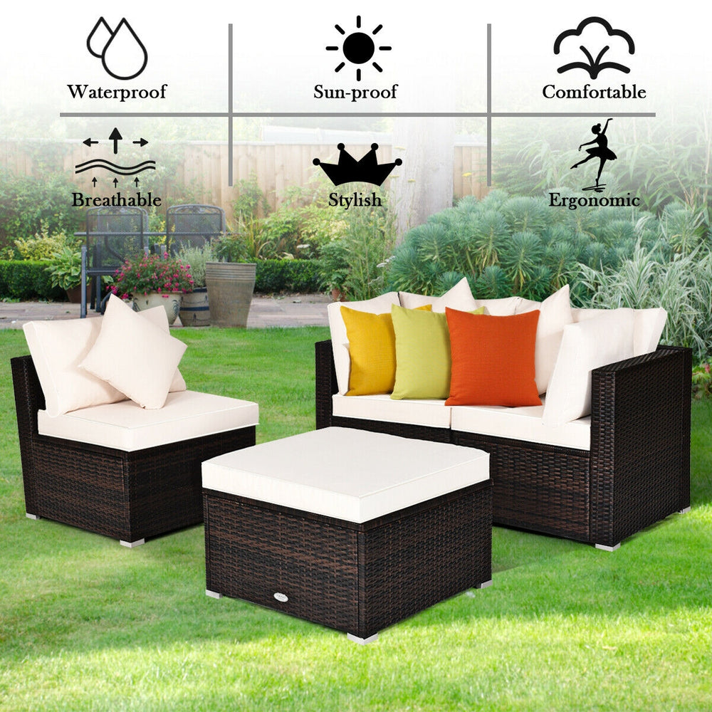 4-piece rattan wicker patio furniture set with cushions, featuring a stylish design for outdoor relaxation.