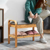 Bamboo shoe rack bench with storage shelf, ergonomic height, and sturdy design, perfect for entryways and living spaces.