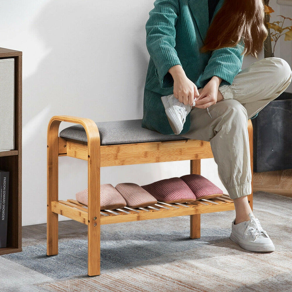 Bamboo shoe rack bench with storage shelf, ergonomic height, and sturdy design, perfect for entryways and living spaces.