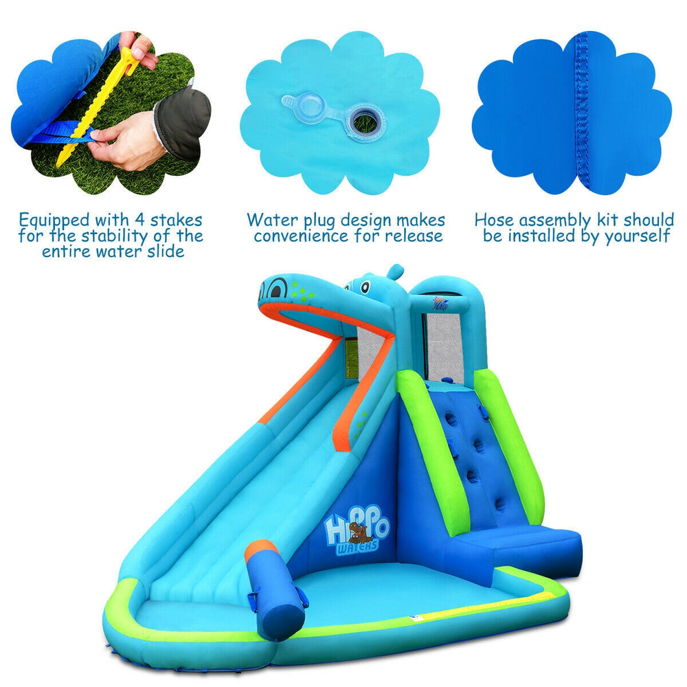 Hippo inflatable water slide with climbing wall and splash pool, perfect for summer fun and safe play for kids.