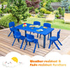 Blue stackable classroom chairs for kids, weather- and fade-resistant, ideal for indoor and outdoor use.