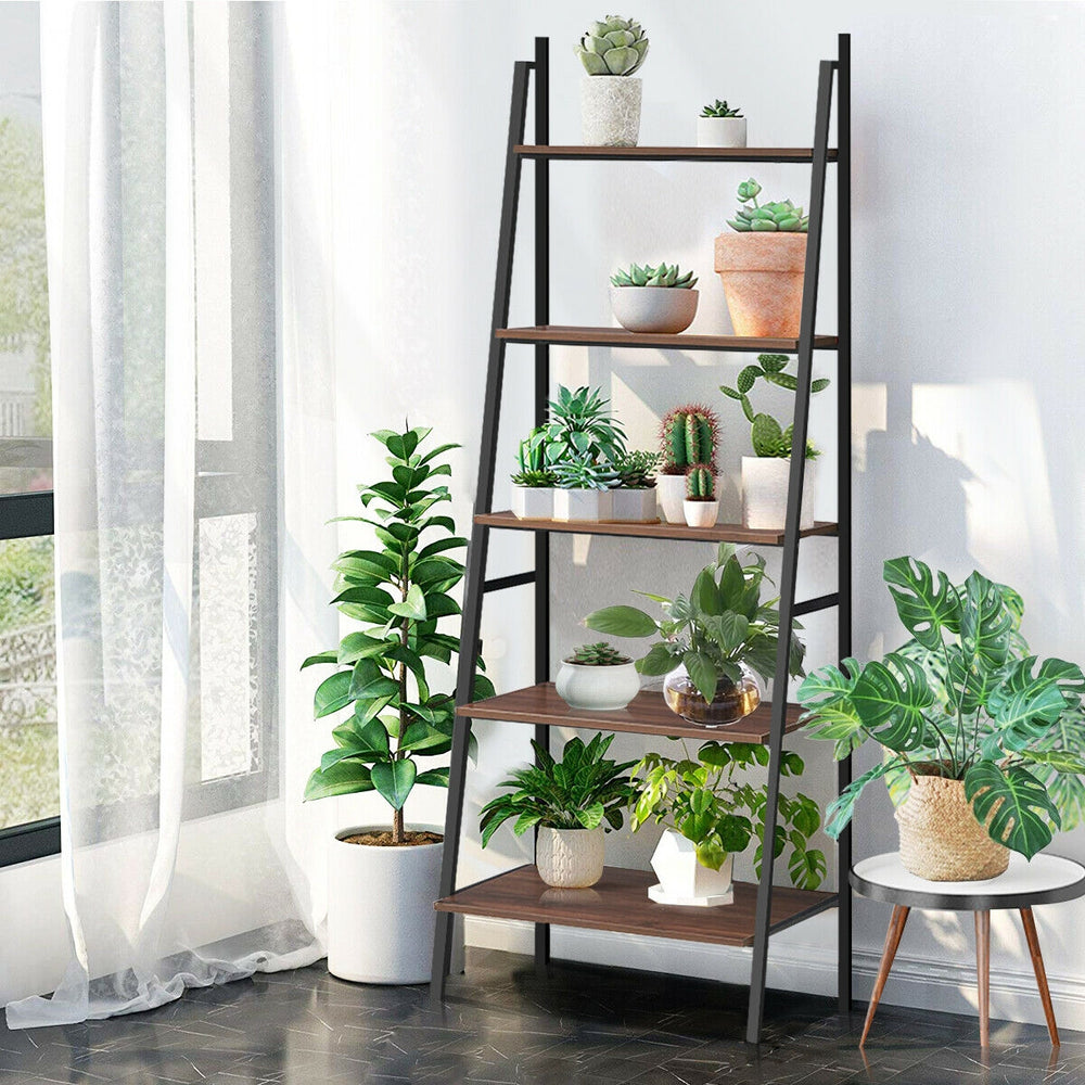 5-tier leaning bookshelf made of wood and metal, featuring a stylish trapezoidal design for home decor and storage.