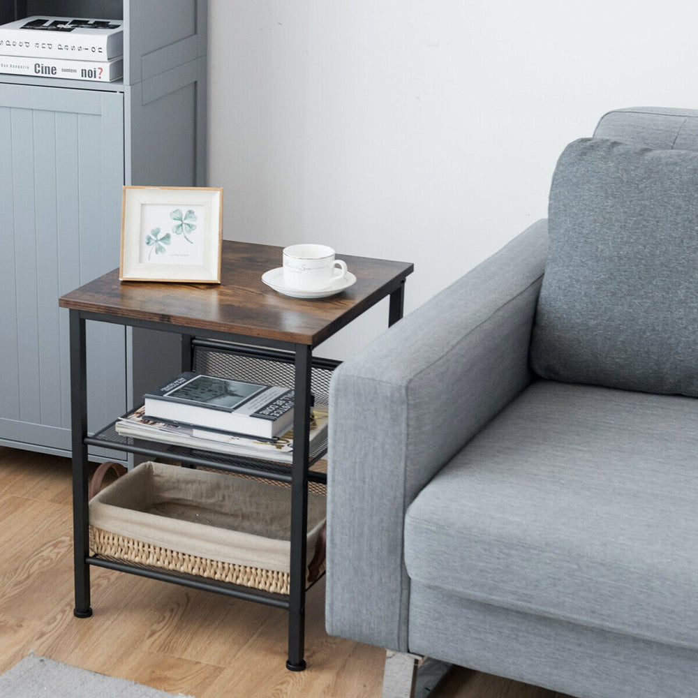 3-tier industrial end table with adjustable mesh shelves, sturdy steel frame, perfect for living room or bedroom.