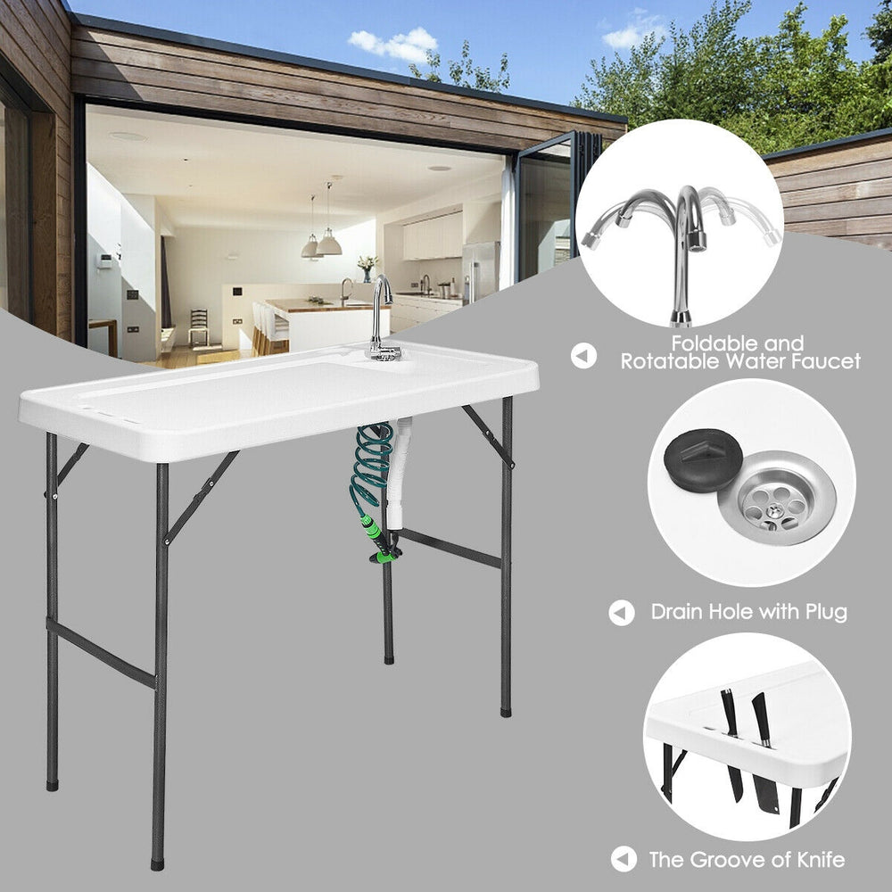 Folding cleaning sink table with quick-connect faucet, integrated drain, and portable design for outdoor use.