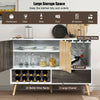 Mid-century wooden buffet sideboard with wine rack for 10 bottles, glass holder, and large drawer for kitchen storage.