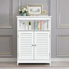 White freestanding bathroom storage cabinet featuring a stylish open shelf and double shutter doors for organized.