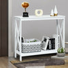 Elegant white console table with X-design, featuring a smooth surface and open shelf for stylish storage in any room.