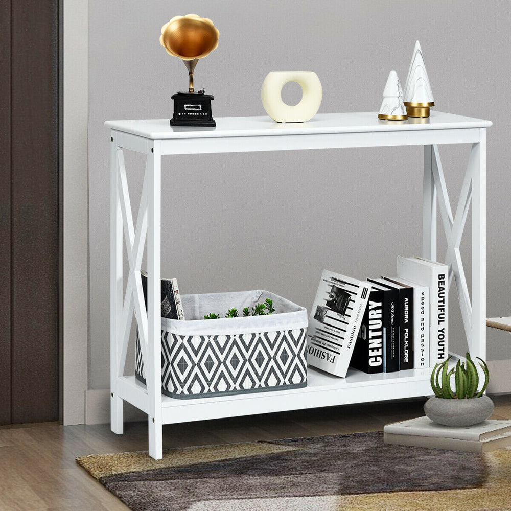Elegant white console table with X-design, featuring a smooth surface and open shelf for stylish storage in any room.