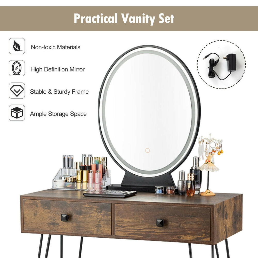 Industrial makeup dressing table with a high-definition mirror, rustic brown finish, and ample storage space for.
