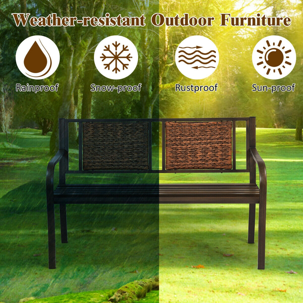 Patio garden bench with powder-coated steel frame and weather-resistant PE rattan, perfect for outdoor relaxation.