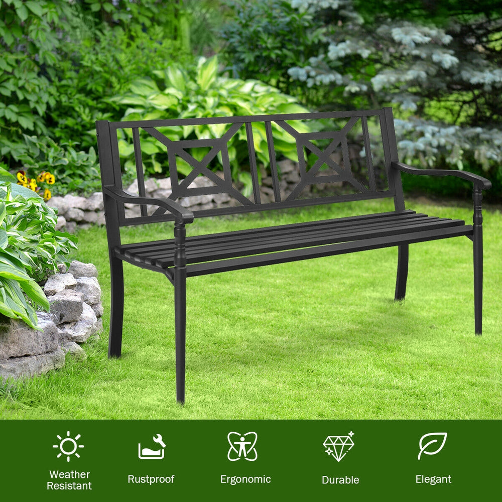 Patio garden bench with powder coated steel frame, ergonomic design, ideal for backyard or garden seating.