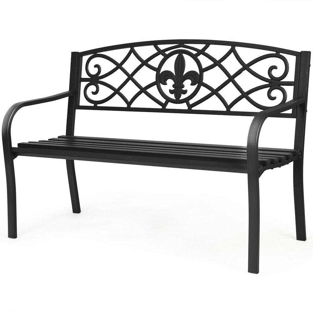 Heavy-duty 50-inch metal garden bench with a modern backrest, suitable for outdoor spaces like patios and balconies.