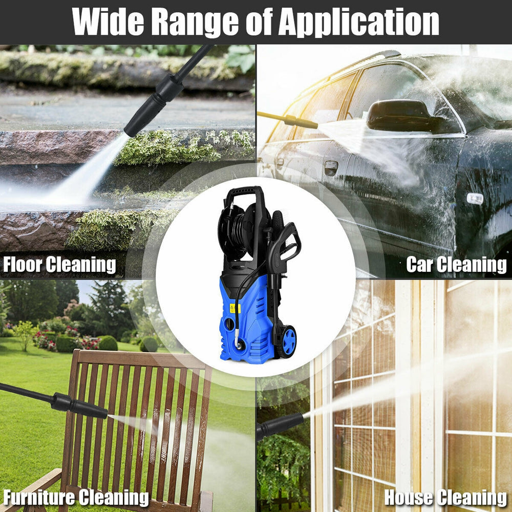 Electric pressure washer in blue, 1800W, 2030 PSI, ideal for cleaning patios, cars, and outdoor furniture.