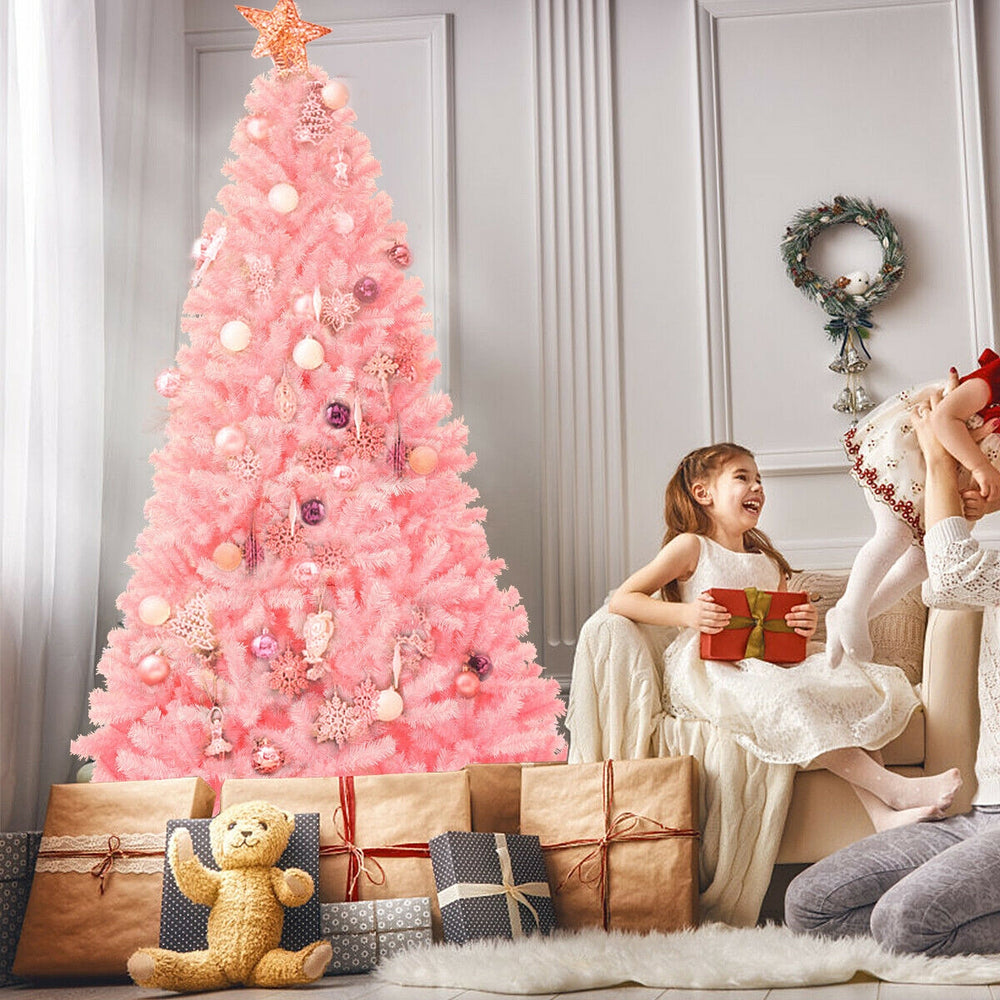 Pink 7.5 feet hinged artificial Christmas tree with full-bodied design, perfect for festive home and commercial.