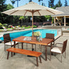 Rectangular acacia wood dining table with steel legs, featuring an umbrella hole, ideal for outdoor patio use.