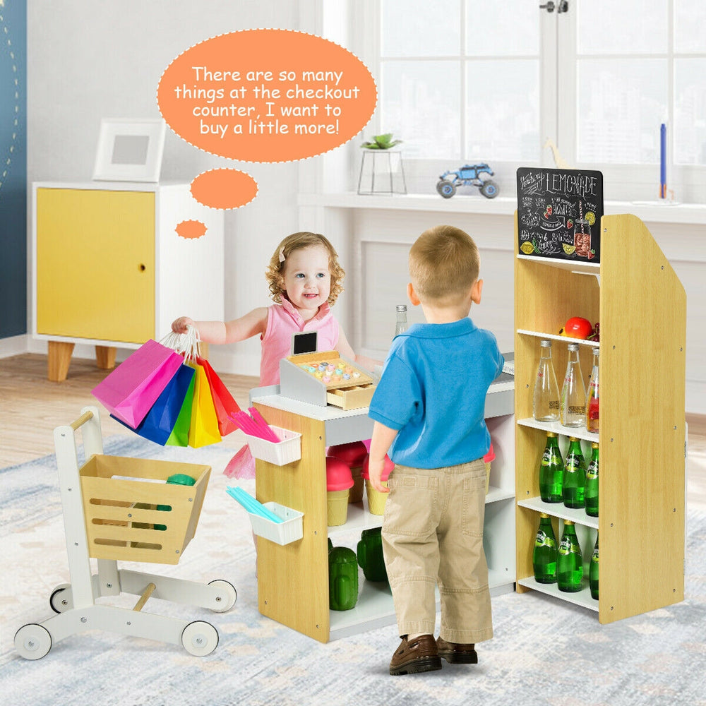 Checkout counter from the Grocery Store Playset with scanner, cash register, and colorful shopping cart for imaginative.