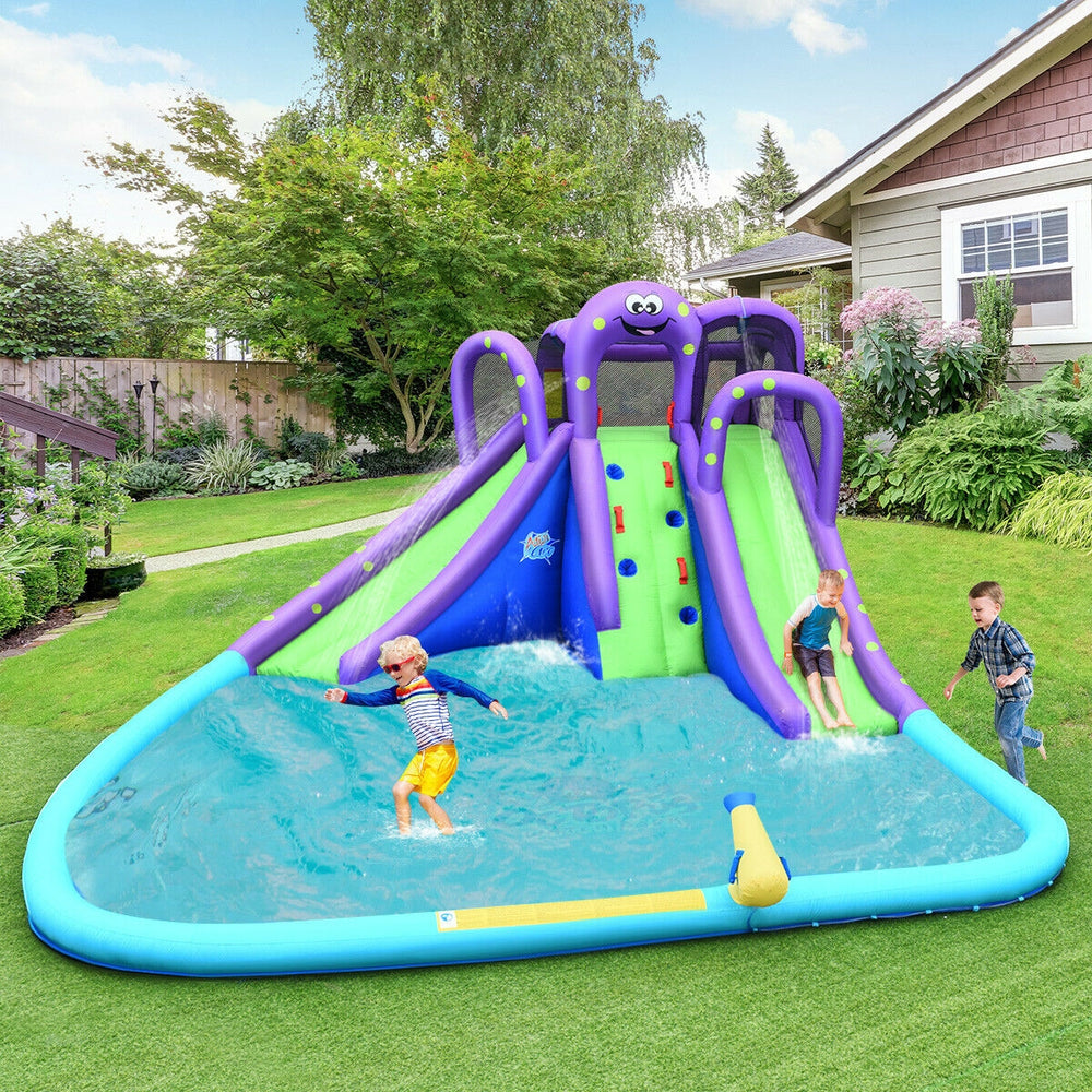 Inflatable water park with pool and slides, featuring a fun octopus design for kids' summer enjoyment in the backyard.